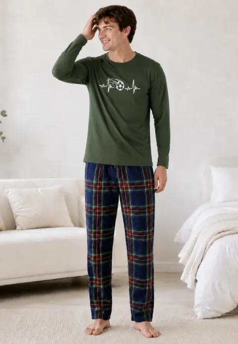 Pijama barbat kaki cu carouri mari