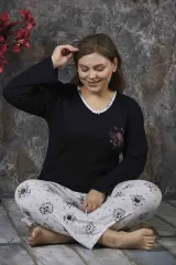 Pijama damă, cu mânecă lungă și pantaloni lungi, imprimeu floral, mov
