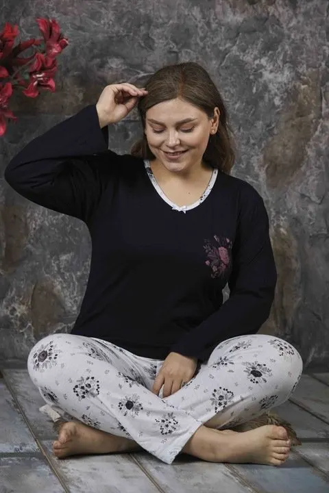 Pijama damă, cu mânecă lungă și pantaloni lungi, imprimeu floral, mov