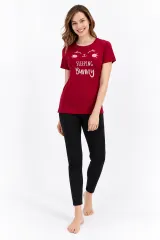 Pijama damă din bumbac cu bluză cu mânecă scurtă și pantaloni lungi. imprimeu Sleeping Bunny, rosu