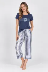 Pijama dama,, imprimeu Marine si pantaloni 3/4