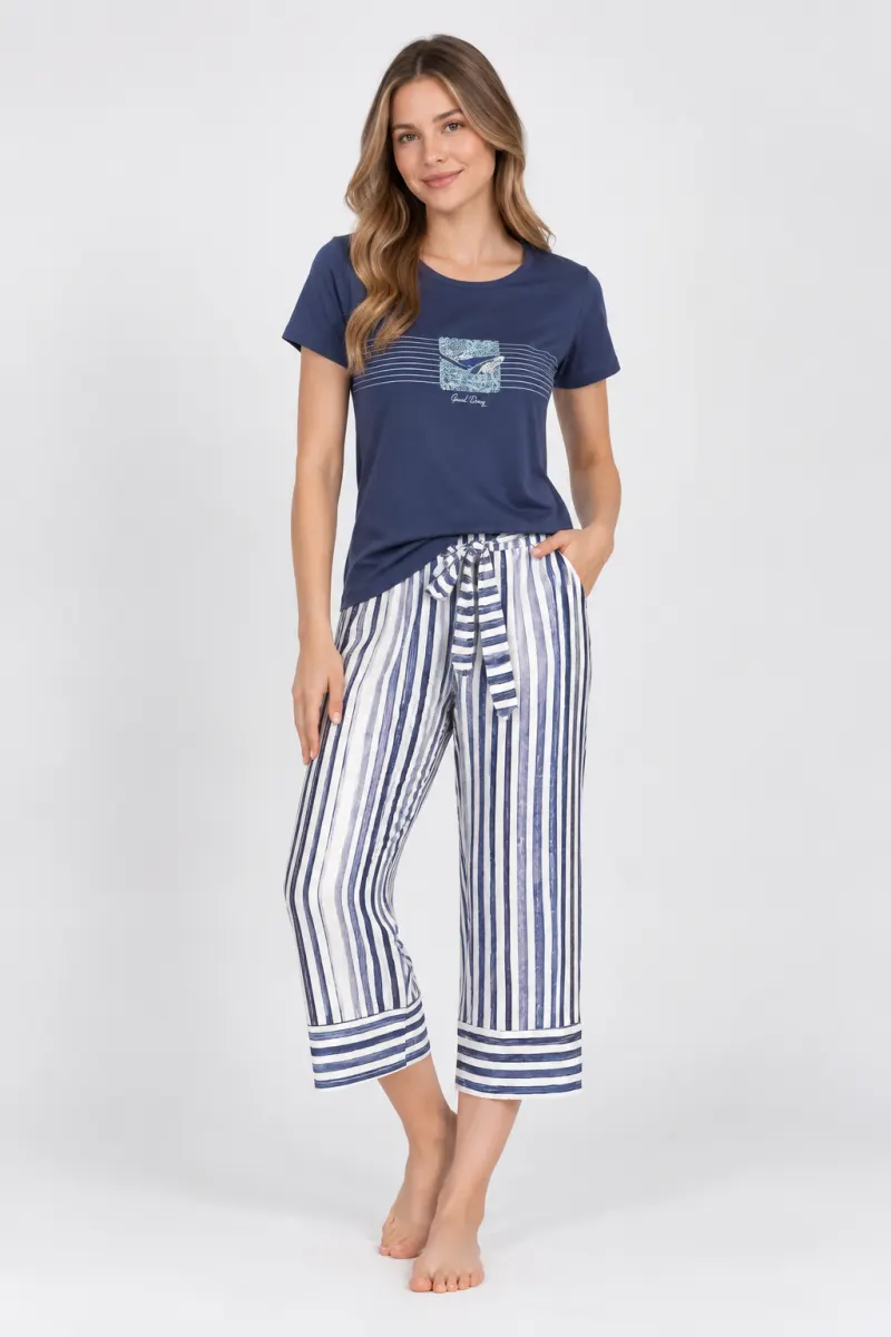 Pijama dama,, imprimeu Marine si pantaloni 3/4