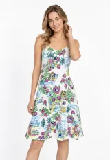 Rochie damă Arnetta din viscoză 100%, cu bretele subțiri, decolteu în V și imprimeu floral, până la genunchi