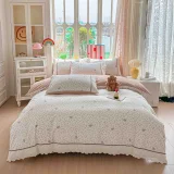Lenjerie de Pat din 100% Bumbac cu Dantelă, 4 Piese, Cearșaf cu Elastic 180x200 cm