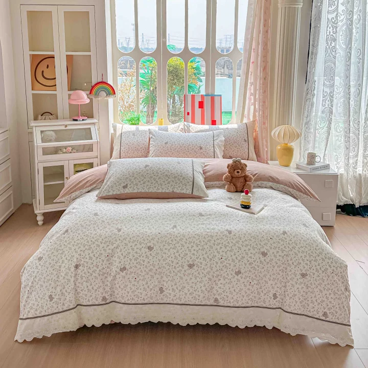 Lenjerie de Pat din 100% Bumbac cu Dantelă, 4 Piese, Cearșaf cu Elastic 180x200 cm