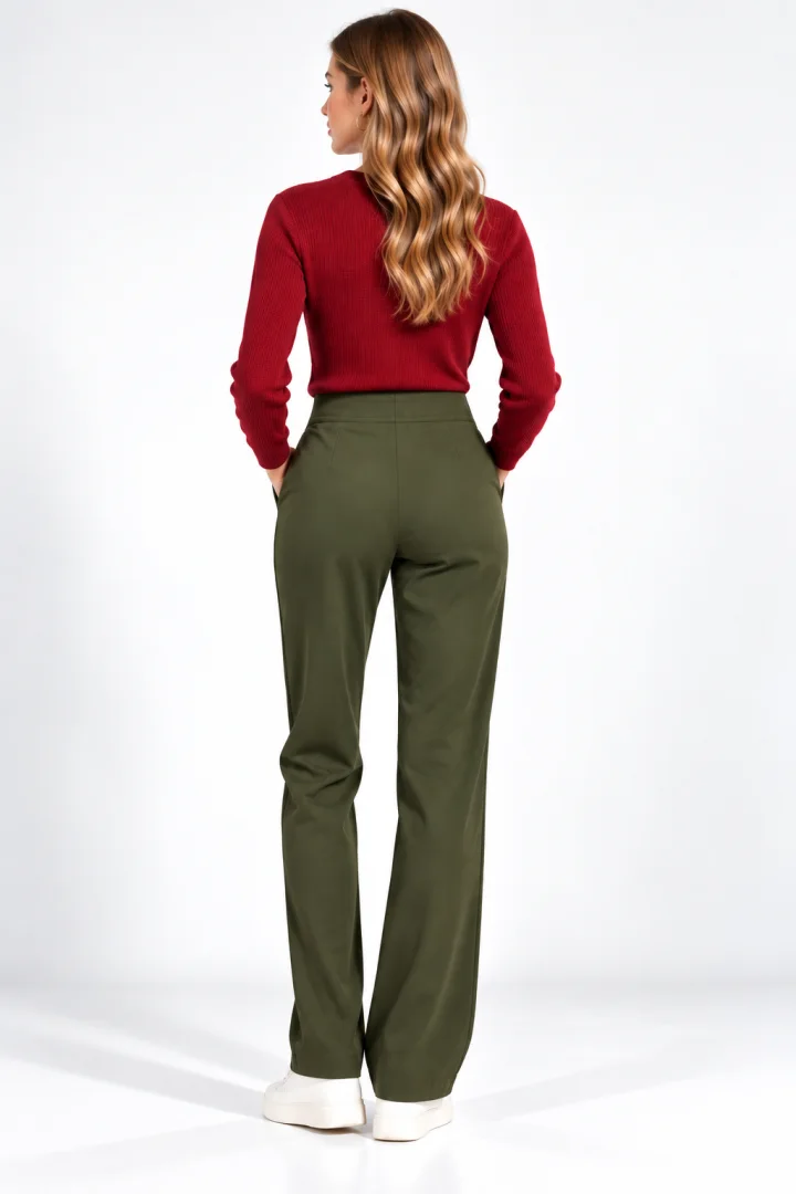 Pantaloni Damă Vătuiți cu Buzunare și Cataramă Decorativă, Verde
