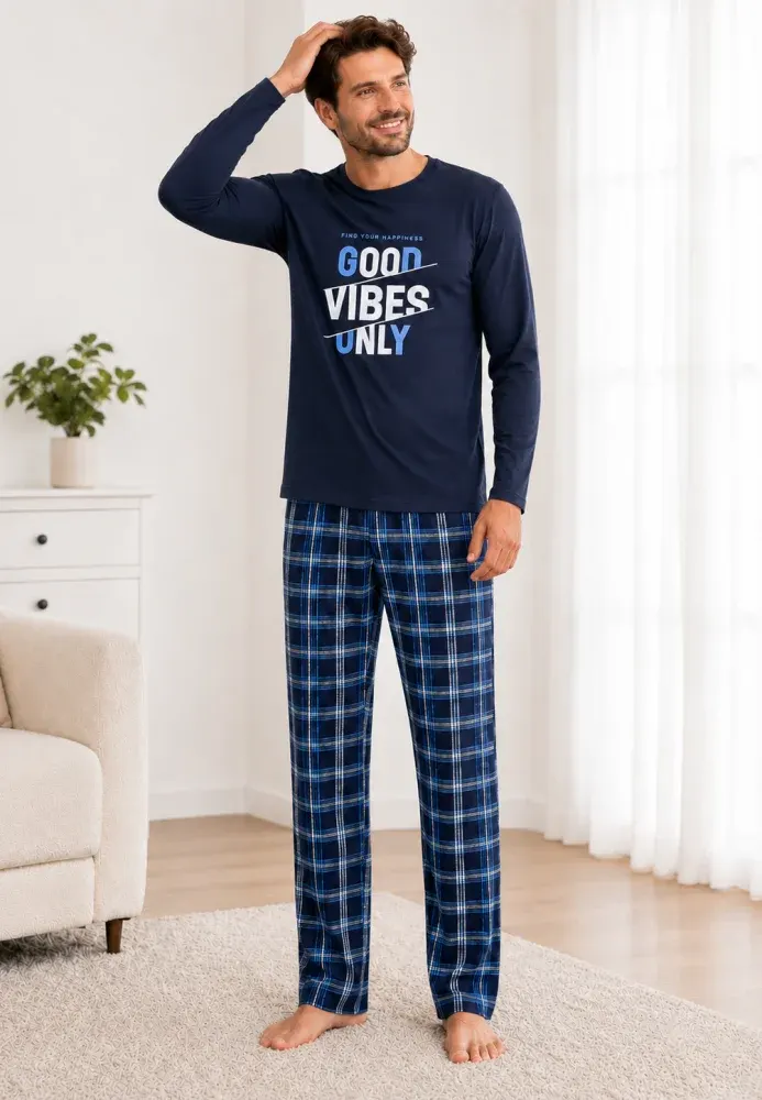 Pijama barbat blumarin  cu carouri albastru