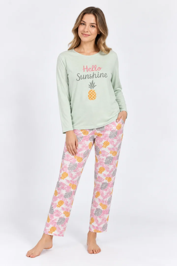 Pijama damă Big Size verde și roz cu imprimeu ananas