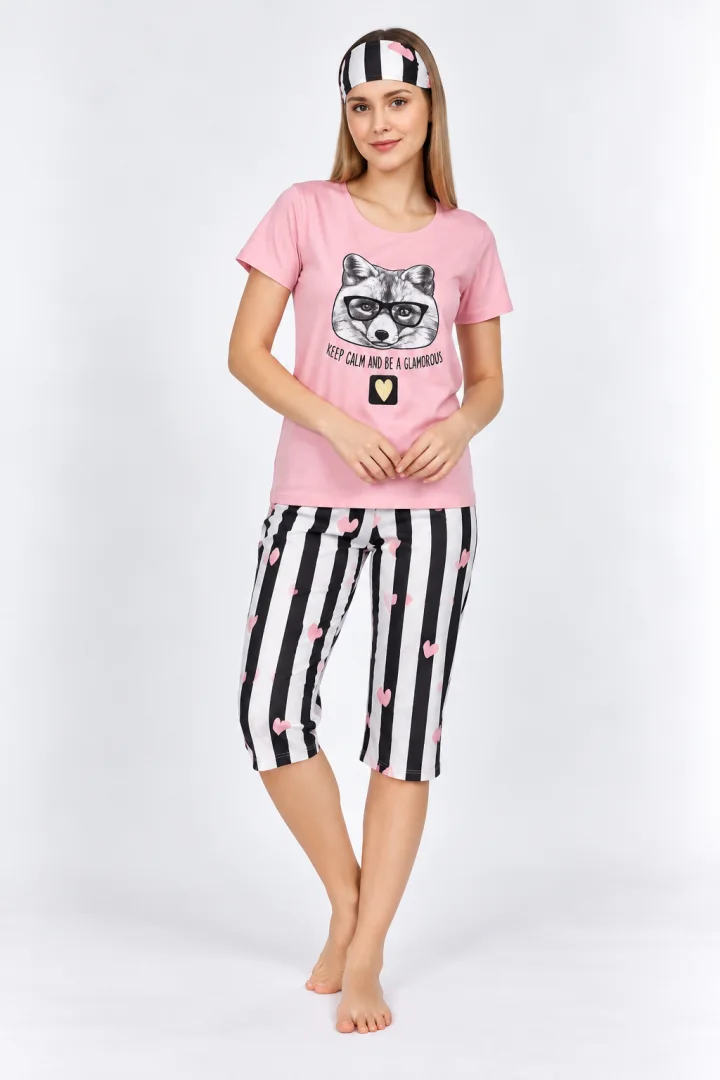 Pijama damă, cu , imprimeu lup, roz deschis