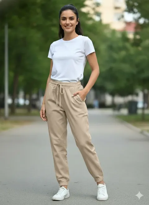 Pantaloni din denim damă crem