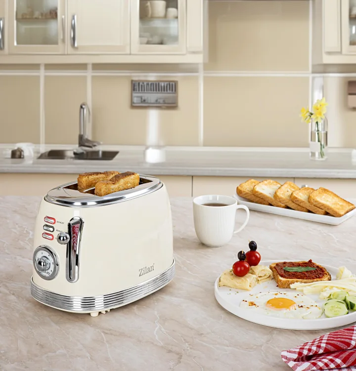 Prăjitor de Pâine Electric Retro, 850W, 2 Felii, 6 Trepte de Rumenire, Decongelare și Reîncălzire, Crem