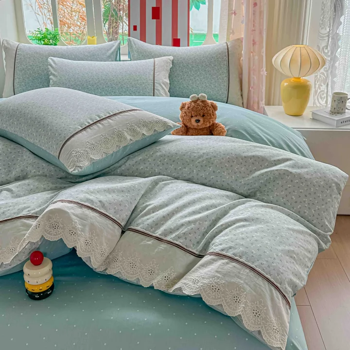 Lenjerie de Pat din 100% Bumbac cu Dantelă, 4 Piese, Cearșaf cu Elastic 180x200 cm