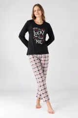 Pijama damă Big Size, mânecă lungă și pantaloni lungi, imprimeu cu Lucky, negru