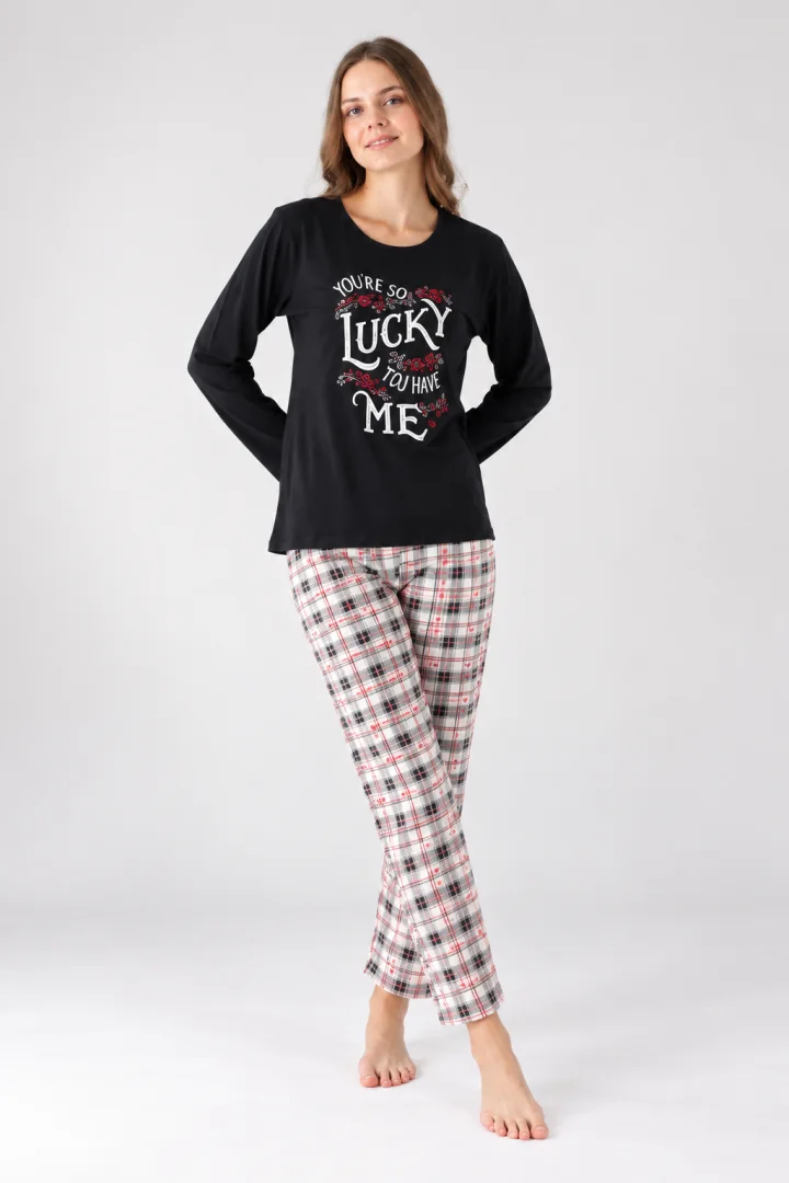 Pijama damă Big Size, mânecă lungă și pantaloni lungi, imprimeu cu Lucky, negru