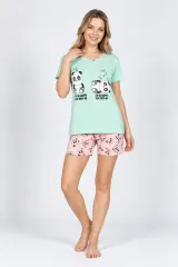 Pijama damă din bumbac cu tricou și pantaloni scurți, imprimeu urși panda, verde