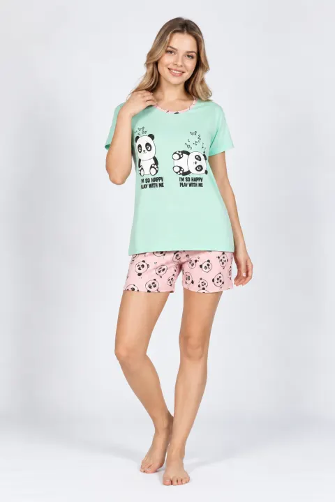 Pijama damă din bumbac cu tricou și pantaloni scurți, imprimeu urși panda, verde