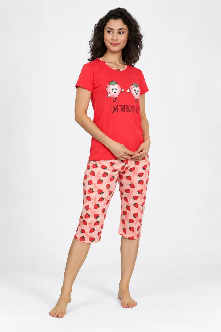 Pijama dama din bumbac, imprimeu capsuni, , rosu