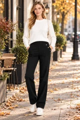 Pantaloni Damă Vătuiți cu Buzunare și Nasturi Decorativi, Negru
