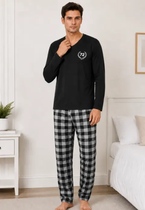 Pijama barbat negru cu carouri mari alb cu negru