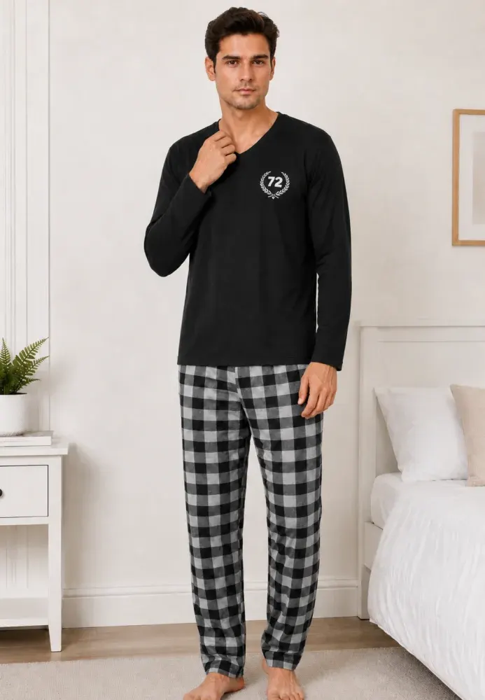 Pijama barbat negru cu carouri mari alb cu negru