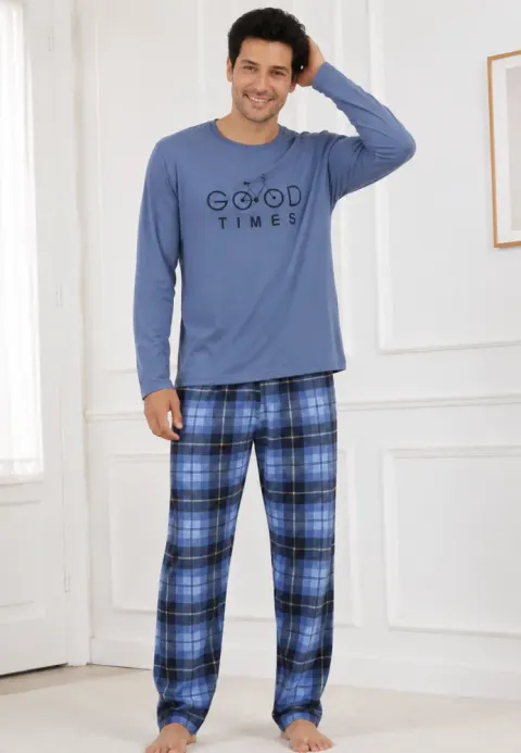 Pijama barbat albastru cu carouri albastre