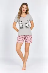 Pijama damă din bumbac cu tricou și pantaloni scurți, imprimeu urși panda, gri