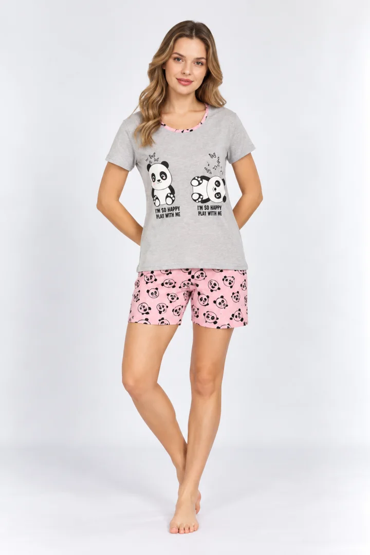 Pijama damă din bumbac cu tricou și pantaloni scurți, imprimeu urși panda, gri