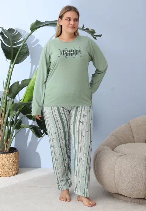 Pijama damă Big Size verde „Awesome” din bumbac