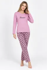 Pijama damă din bumbac 100%, cu bluză cu mânecă lungă și pantaloni lungi cu buline, imprimeu „Vermont”, mov