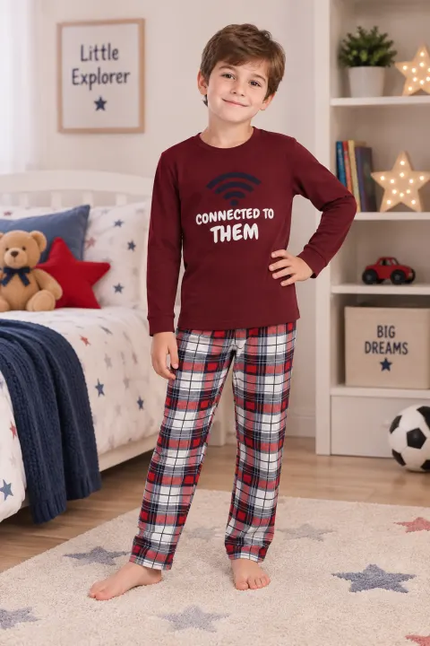 Pijama băieți din bumbac cu mânecă lungă și pantaloni lungi – „Connected To Them”, bordo