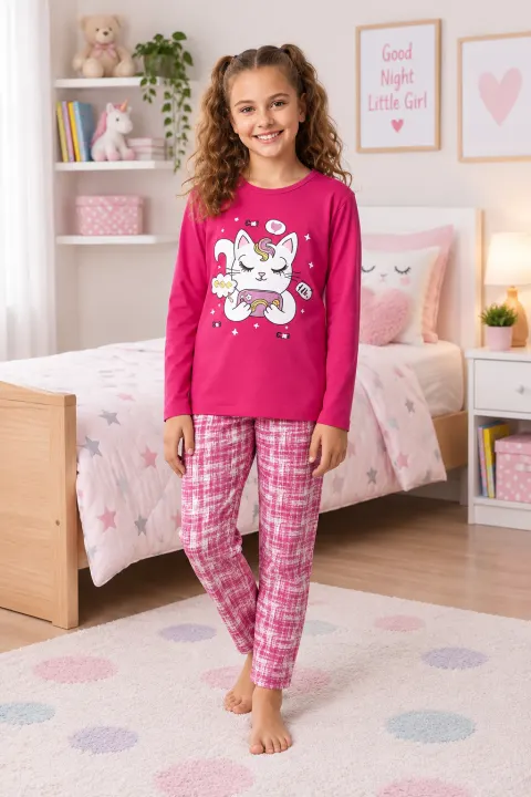 Pijama fetițe din bumbac cu mânecă lungă și pantaloni lungi – imprimeu pisicuță, roz