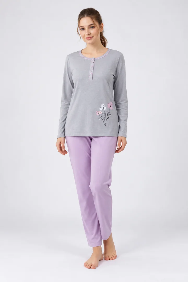 Pijama damă din bumbac mânecă lungă și pantaloni lungi lila