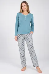Pijama damă Albastru, mânecă lungă și pantaloni lungi gri