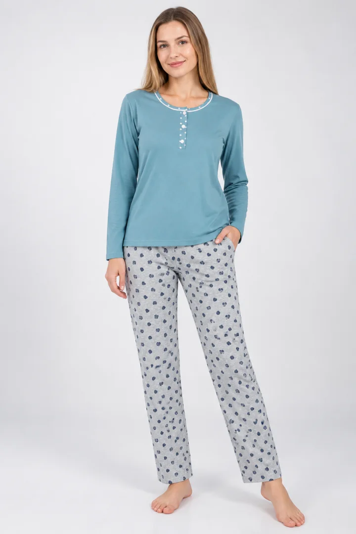 Pijama damă Albastru, mânecă lungă și pantaloni lungi gri