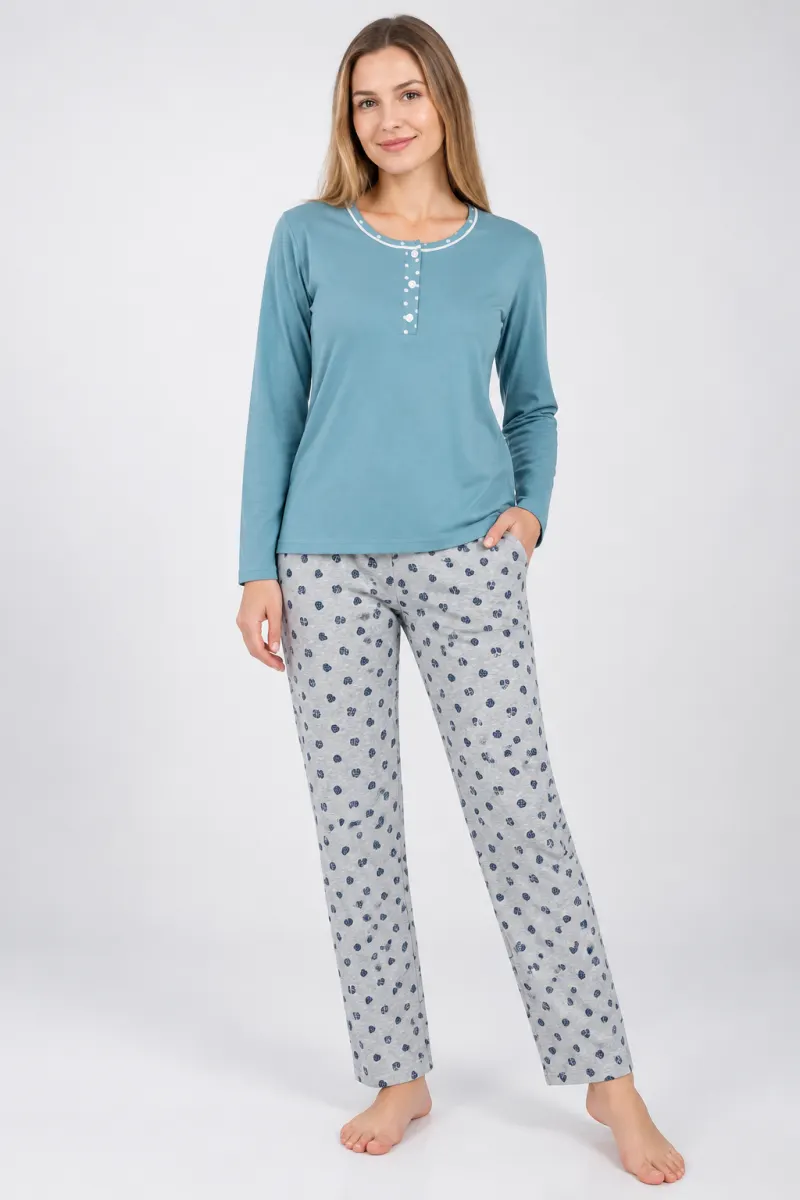 Pijama damă Albastru, mânecă lungă și pantaloni lungi gri