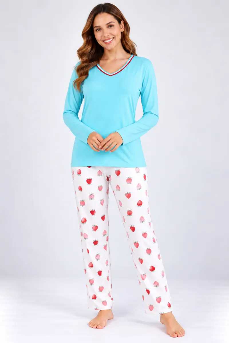 Pijama de dama blue cu maneca lunga si pantaloni lungi alb cu capsuni