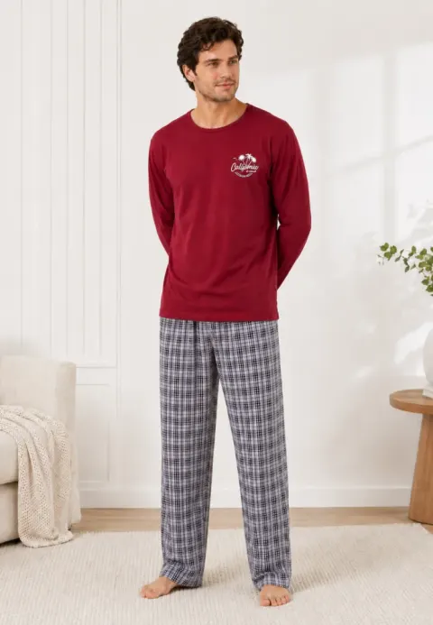 Pijama barbat bordo cu maneca lunga si pantaloni lungi carouri gri