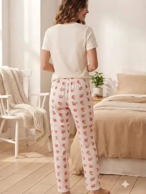 Pantaloni de pijama de dama alb cu mere