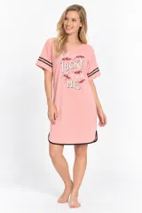 Rochie casual damă din bumbac 100%, cu mânecă scurtă și imprimeu „Lucky”, roz