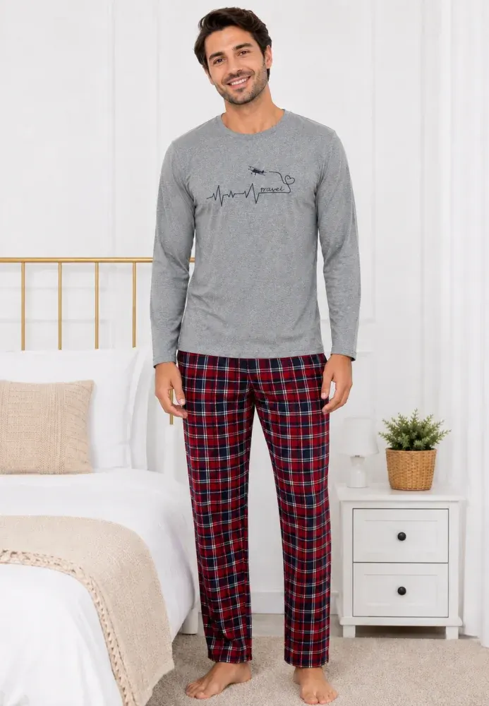 Pijama barbat gri cu carouri
