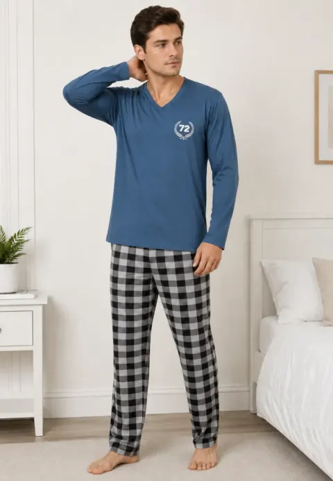 Pijama barbat albastru cu carouri mari alb cu negru