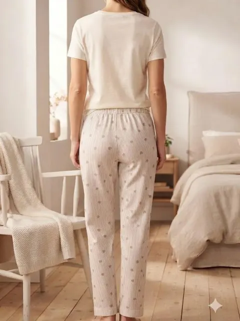 Pantaloni de pijama de dama inimi crem