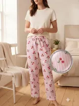 Pantaloni de pijama de dama roz cu cirese