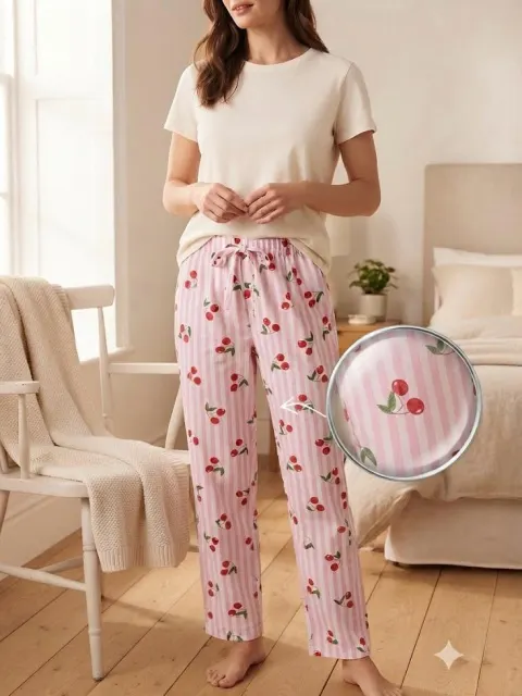 Pantaloni de pijama de dama roz cu cirese