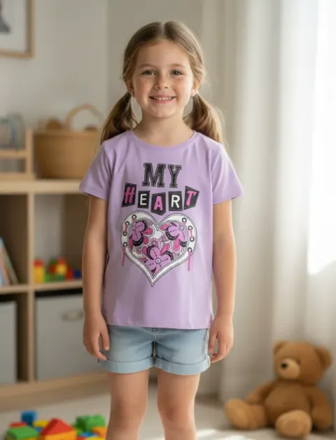 Tricou fetițe lila cu imprimeu „My Heart”