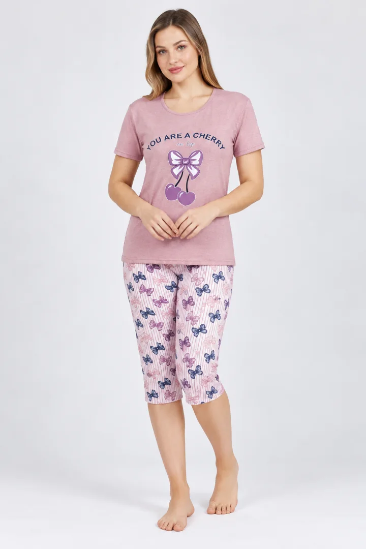 Pijama damă, tricou + pantaloni 3/4 imprimeu you are a cherry, mov