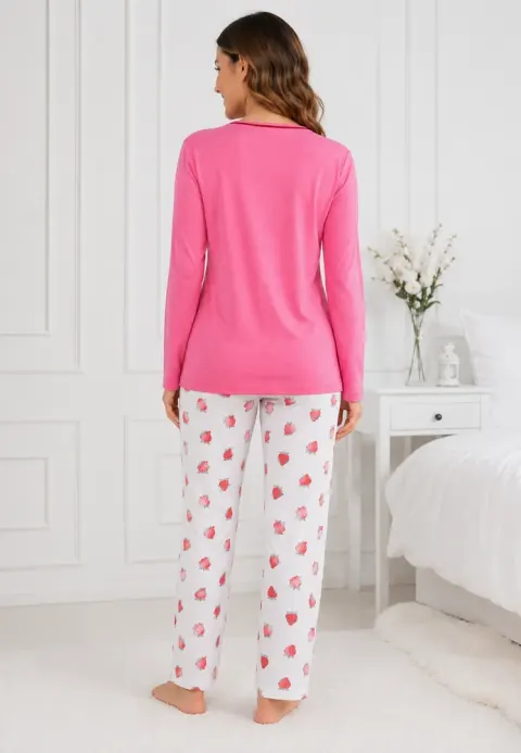 Pijama de dama roz cu maneca lunga si pantaloni lungi alb cu capsuni
