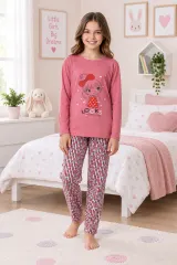 Pijama fetițe din bumbac cu mânecă lungă și pantaloni lungi – imprimeu „Looks”, roz închis