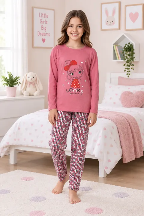 Pijama fetițe din bumbac cu mânecă lungă și pantaloni lungi – imprimeu „Looks”, roz închis