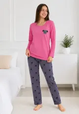 Pijama de dama roz cu maneca lunga si pantaloni lungi gri cu catelus